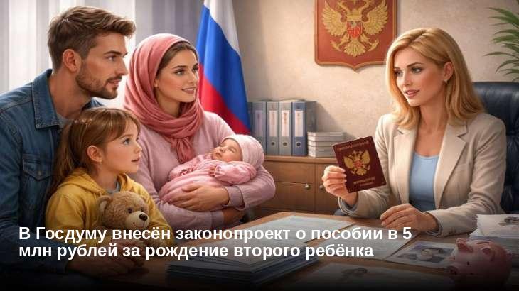 В Госдуму внесён законопроект о пособии в 5 млн рублей за рождение второго ребёнка